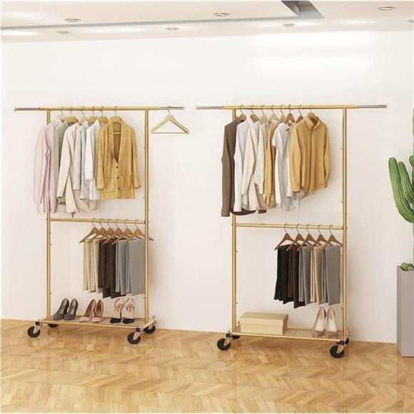 Standard Clothing Garment Rack with Wheels, Extendable, Golden Yellow - Picture 6 of 7